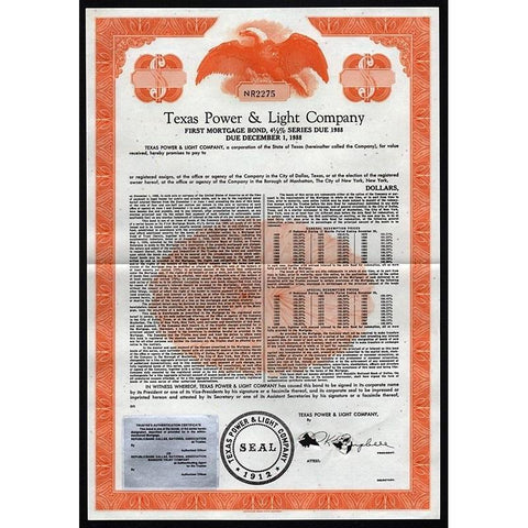 Texas Power & Light Company Stock Certificate