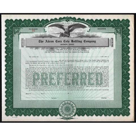 The Akron Coca Cola Bottling Company Stock Certificate