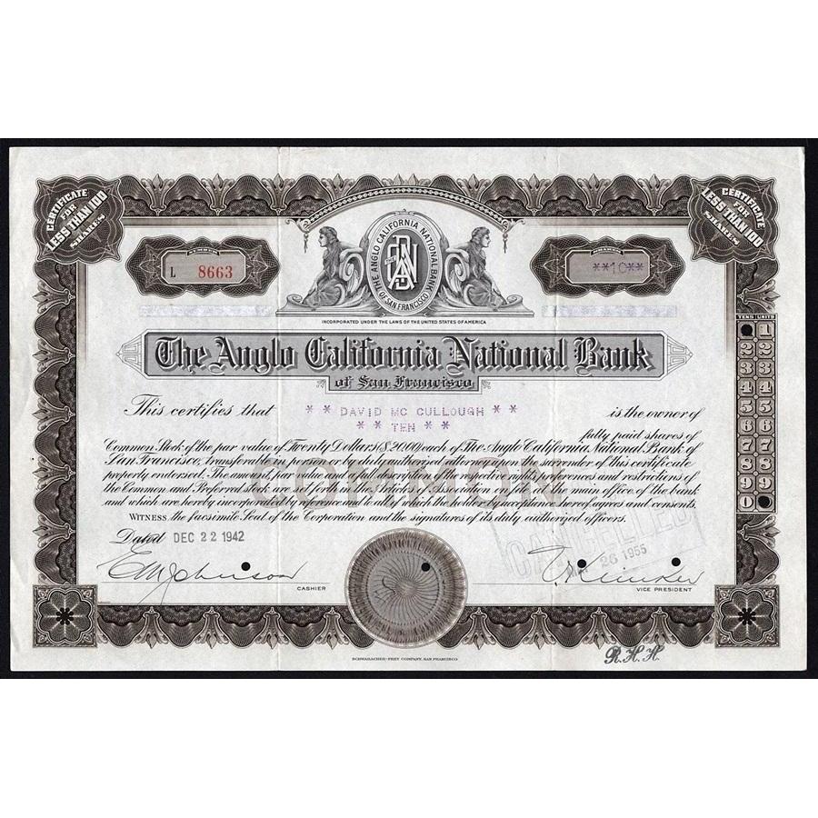The Anglo California National Bank of San Francisco Stock Certificate