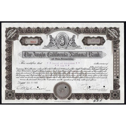 The Anglo California National Bank of San Francisco Stock Certificate
