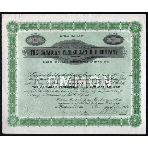 The Canadian Venezuelan Ore Company, Limited Stock Certificate