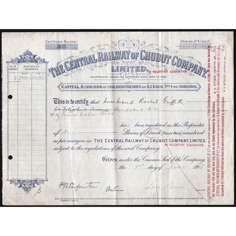 The Central Railway of Chubut Company, Limited Stock Certificate