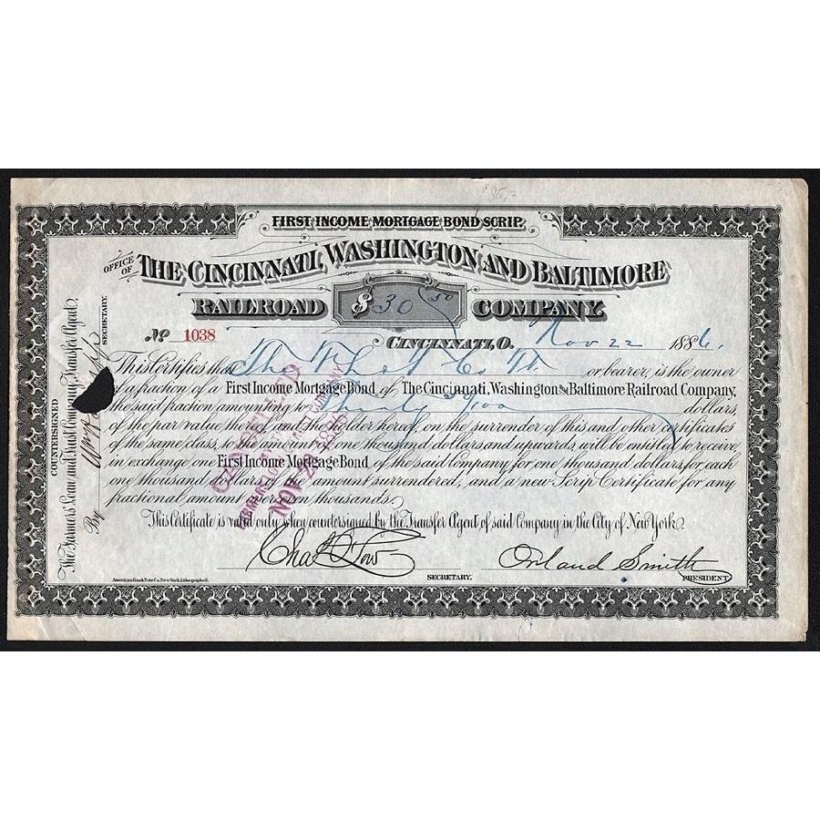 The Cincinnati, Washington and Baltimore Railroad Company Stock Certificate