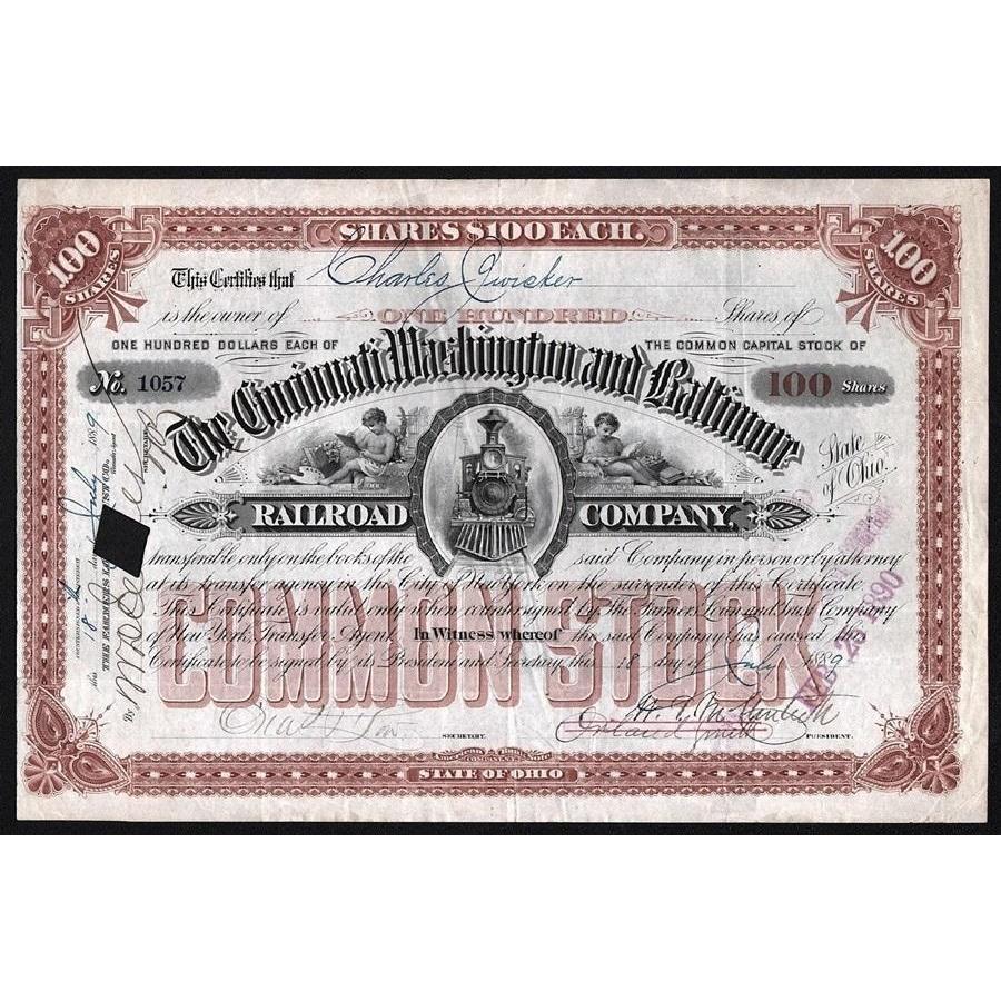 The Cincinnati, Washington and Baltimore Railroad Company Stock Certificate
