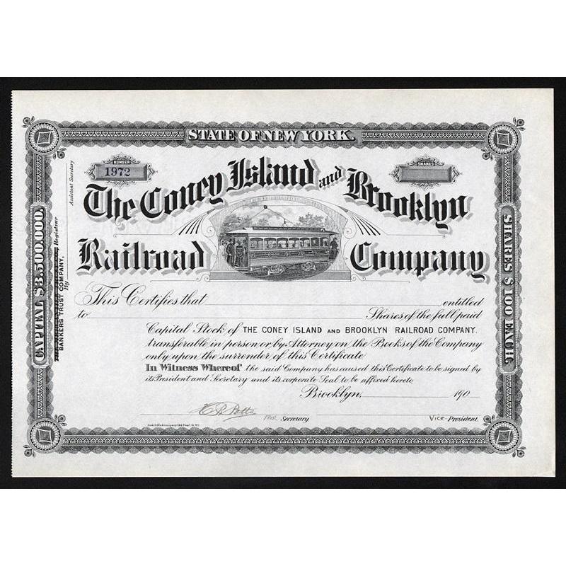 The Coney Island and Brooklyn Railroad Company Stock Certificate