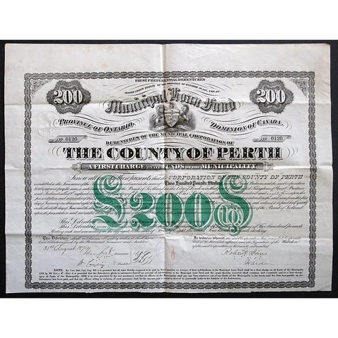 The County of Perth, £200 Debenture 1874 Canada Stock Certificate