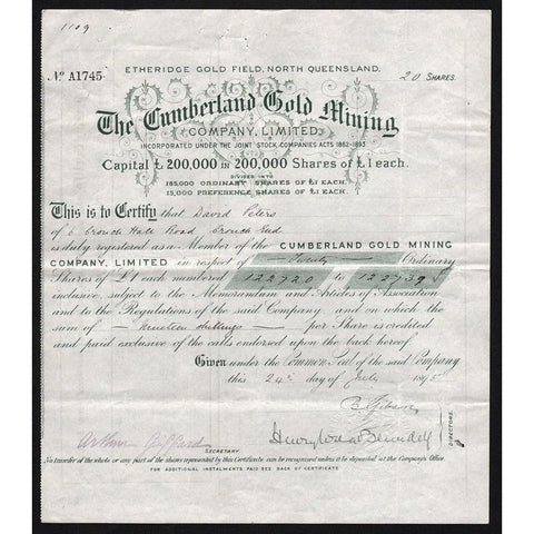 The Cumberland Gold Mining Company, Limited (Etheridge Gold Field, North Queensland) Stock Certificate