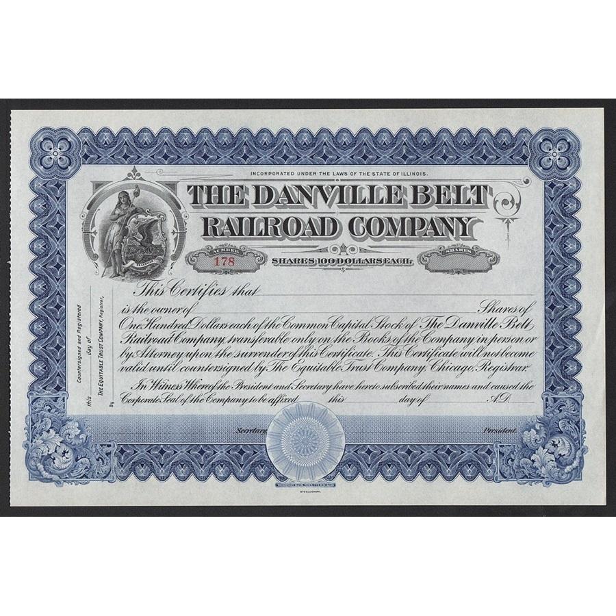 The Danville Belt Railroad Company Stock Certificate