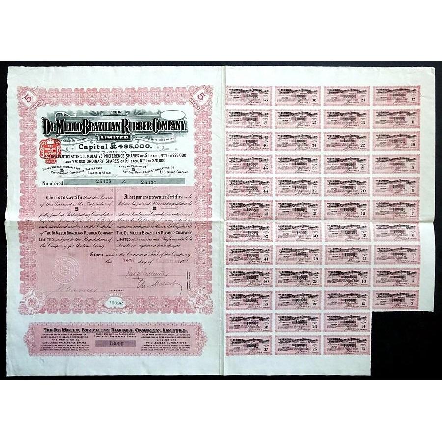 The De Mello Brazilian Rubber Company, Limited Stock Certificate