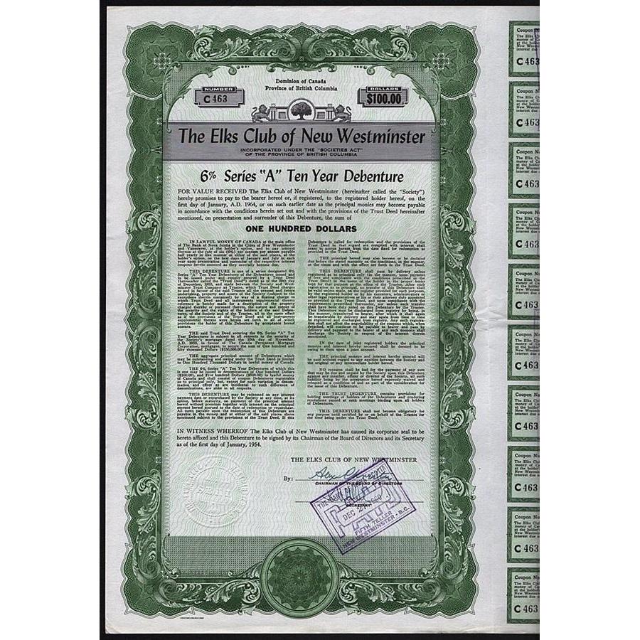 The Elks Club of New Westminster (British Columbia) Stock Certificate