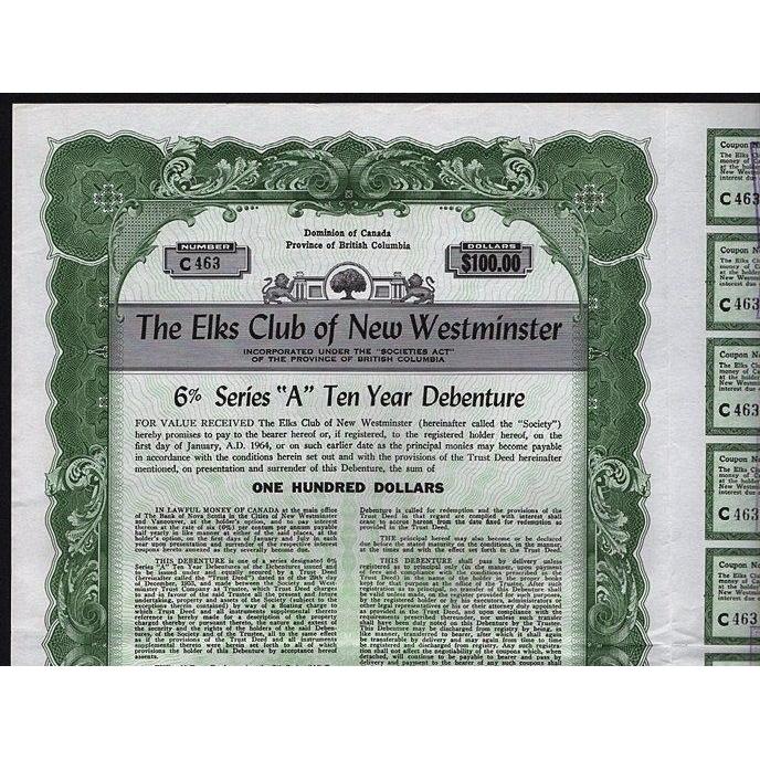 The Elks Club of New Westminster (British Columbia) Stock Certificate