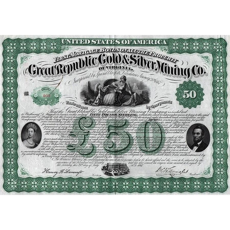 The Great Republic Gold & Silver Mining Co. of Virginia 1867 Stock Certificate