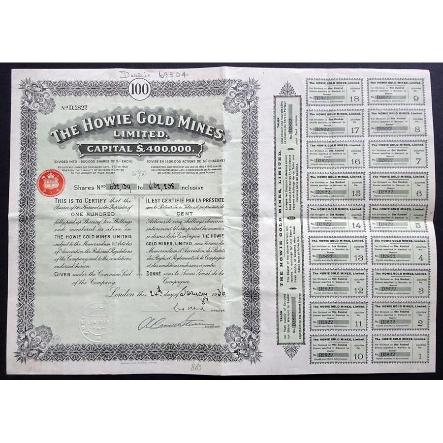 The Howie Gold Mines Limited 1936 Austrialia Stock Certificate