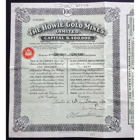 The Howie Gold Mines Limited 1936 Austrialia Stock Certificate