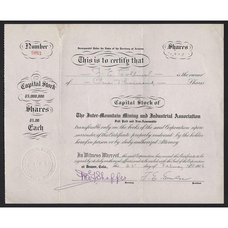 The Inter-Mountain Mining and Industrial Association Stock Certificate