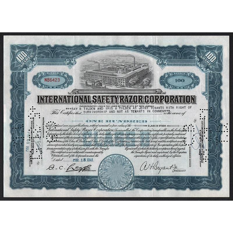The International Safety Razor Corporation Stock Certificate