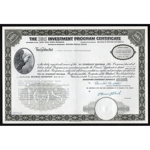 The IOS Investment Program Certificate (Investors Overseas Services) Stock Certificate