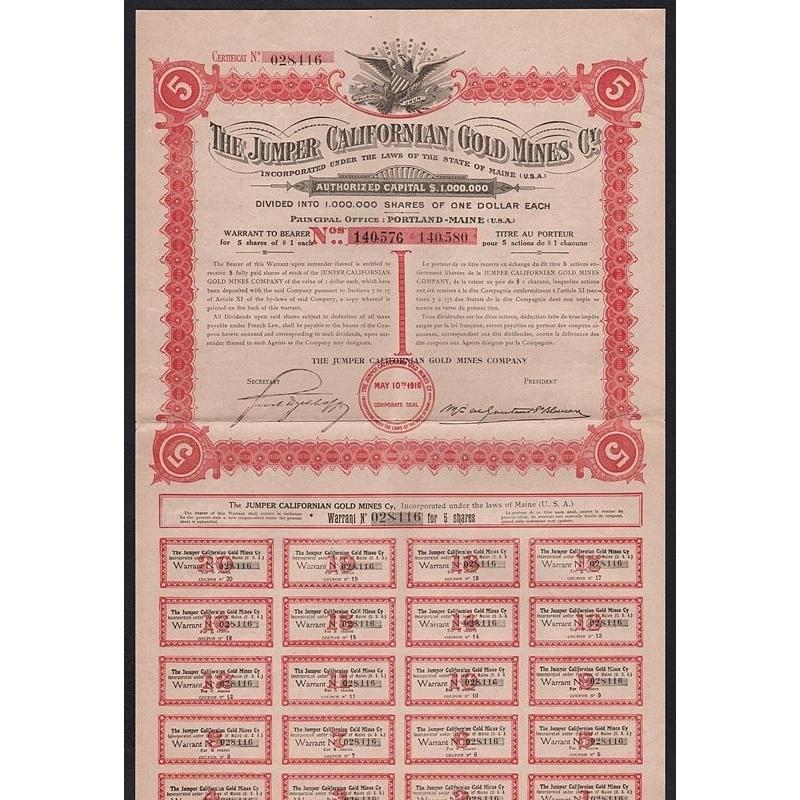 The Jumper Californian Gold Mines Cy. Stock Certificate