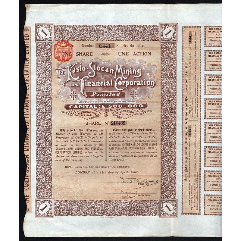 The Kaslo-Slocan Mining and Financial Corporation, Limited Stock Certificate