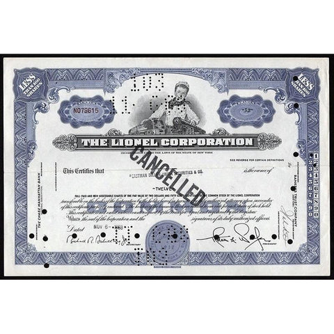 The Lionel Corporation (Model Trains) Stock Certificate