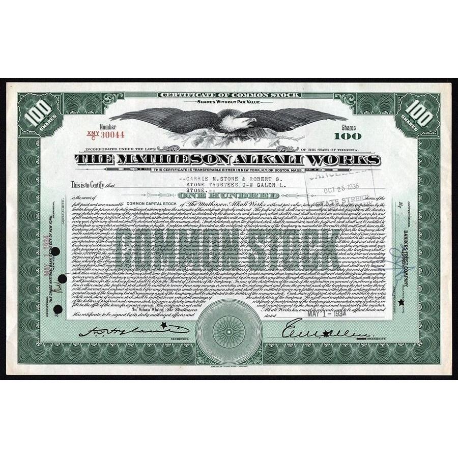 The Mathieson Alkali Works Stock Certificate