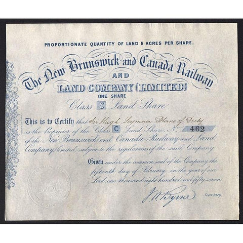 The New Brunswick and Canada Railway and Land Company (Limited) Stock Certificate
