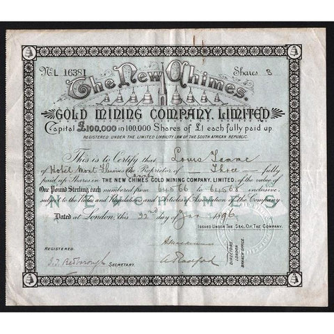 The New Chimes Gold Mining Company, Limited Stock Certificate