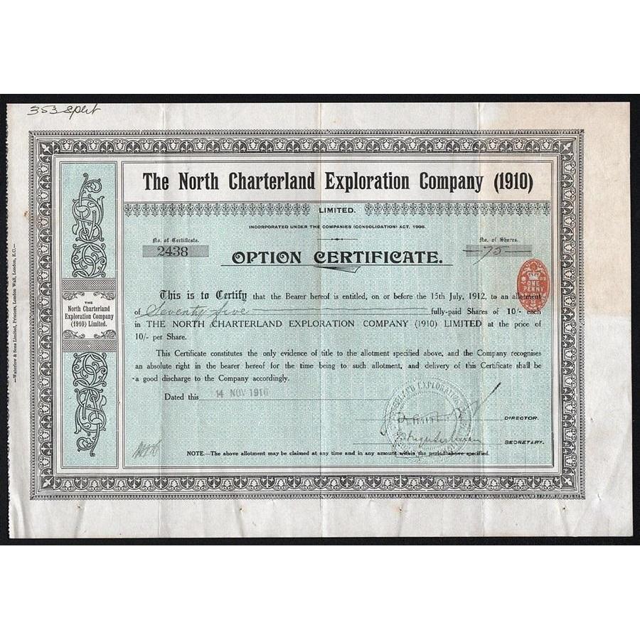 The North Charterland Exploration Company (1910) Limited Stock Certificate