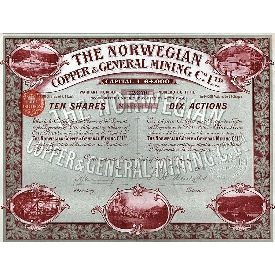 The Norwegian Copper & General Mining Co. Ltd. 1912 Norway Stock Certificate