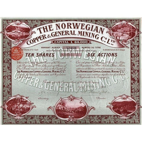 The Norwegian Copper & General Mining Co. Ltd. 1912 Norway Stock Certificate