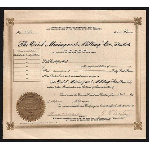 The Oriel Mining and Milling Co., Limited Stock Certificate