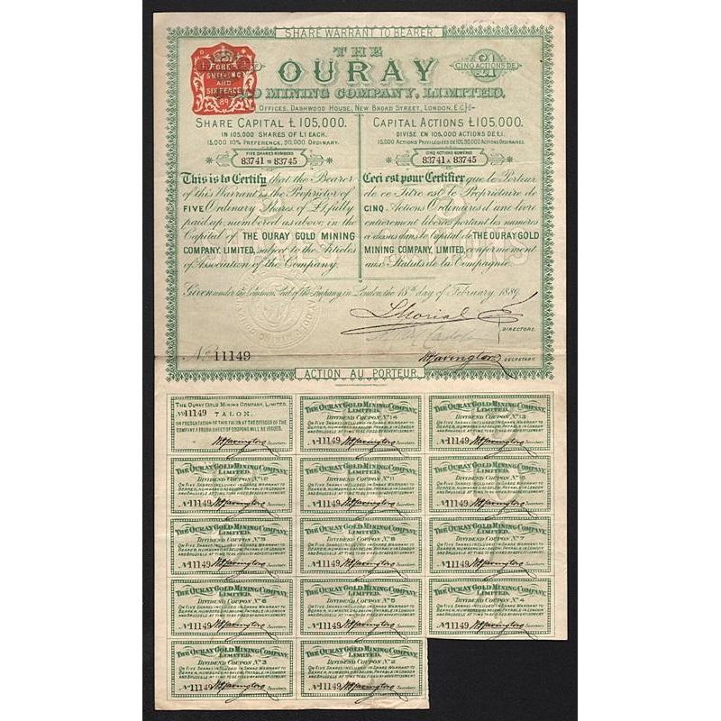 The Ouray Gold Mining Company, Limited Stock Certificate
