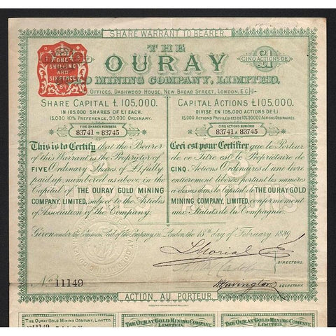 The Ouray Gold Mining Company, Limited Stock Certificate