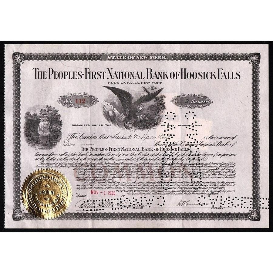 The Peoples-First National Bank of Hoosick Falls Stock Certificate