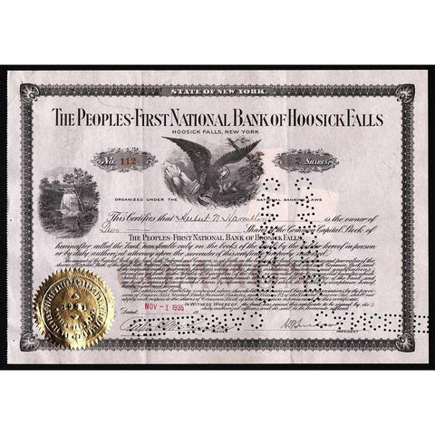 The Peoples-First National Bank of Hoosick Falls Stock Certificate