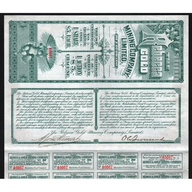 The Rebecca Gold Mining Company Limited of Colorado (Cripple Creek) Stock Certificate