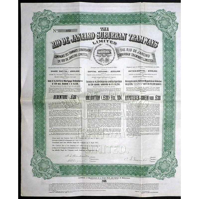 The Rio de Janeiro Suburban Tramways Limited Stock Certificate