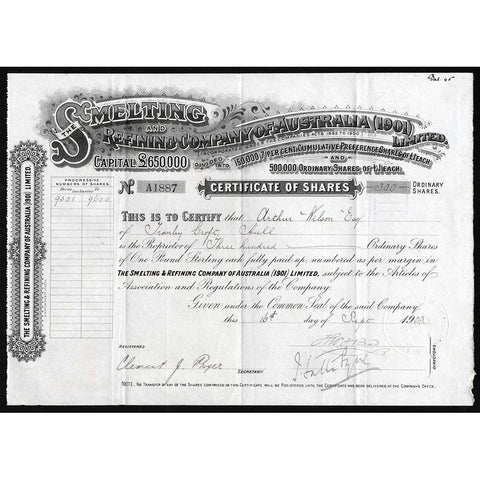 The Smeliting and Refining Company of Australia (1901) Limited Stock Certificate