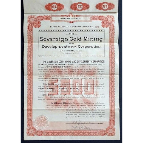 The Sovereign Gold Mining and Development Corporation of Ontario, Limited Stock Certificate