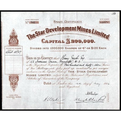 The Star Development Mines Limited Stock Certificate