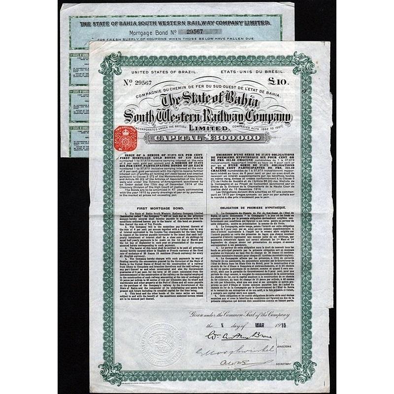 The State of Bahia South Western Railway Company, Limited Stock Certificate