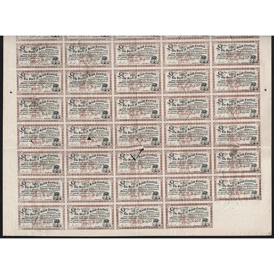 The State of South Carolina, Sterling Funded Debt 1871 Bond Certificate