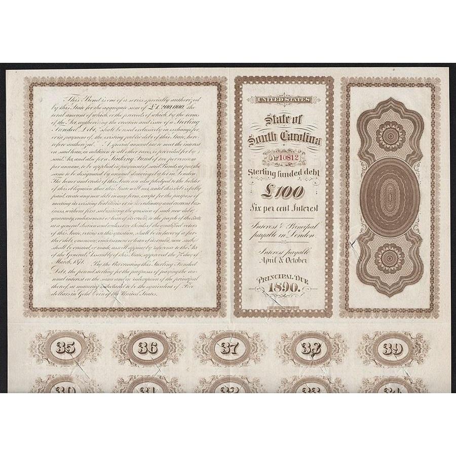 The State of South Carolina, Sterling Funded Debt 1871 Bond Certificate