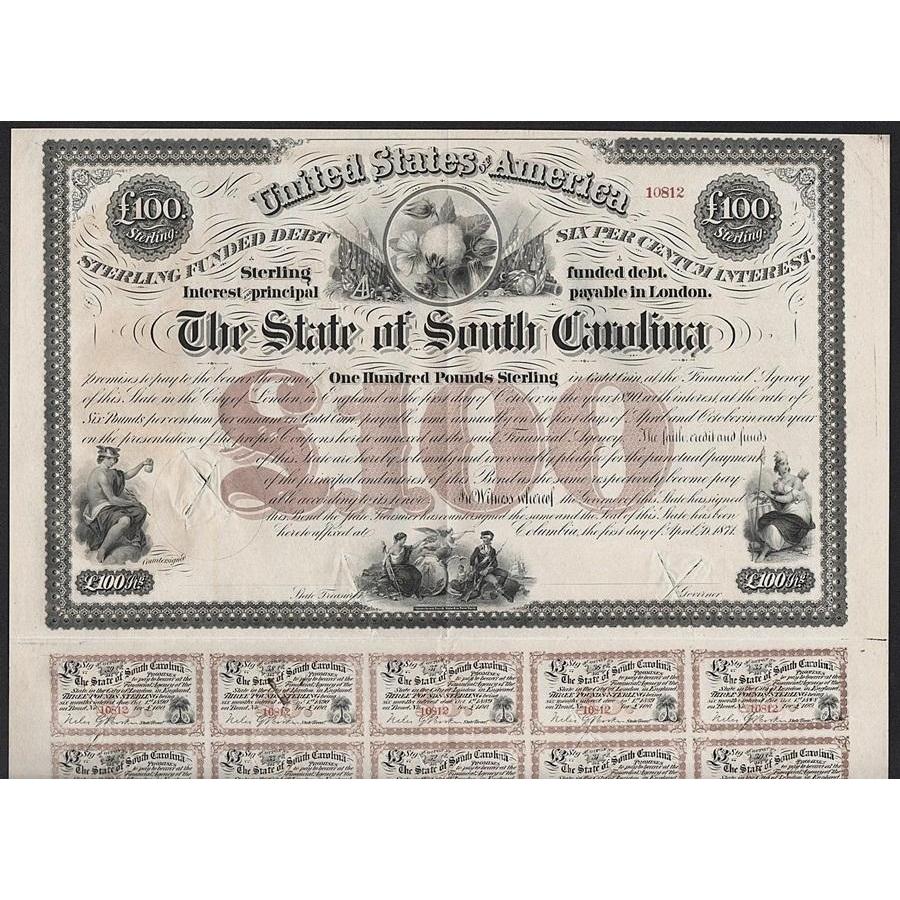 The State of South Carolina, Sterling Funded Debt 1871 Bond Certificate