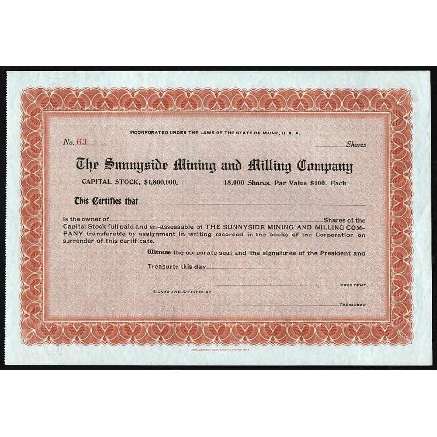 The Sunnyside Mining and Milling Company Stock Certificate