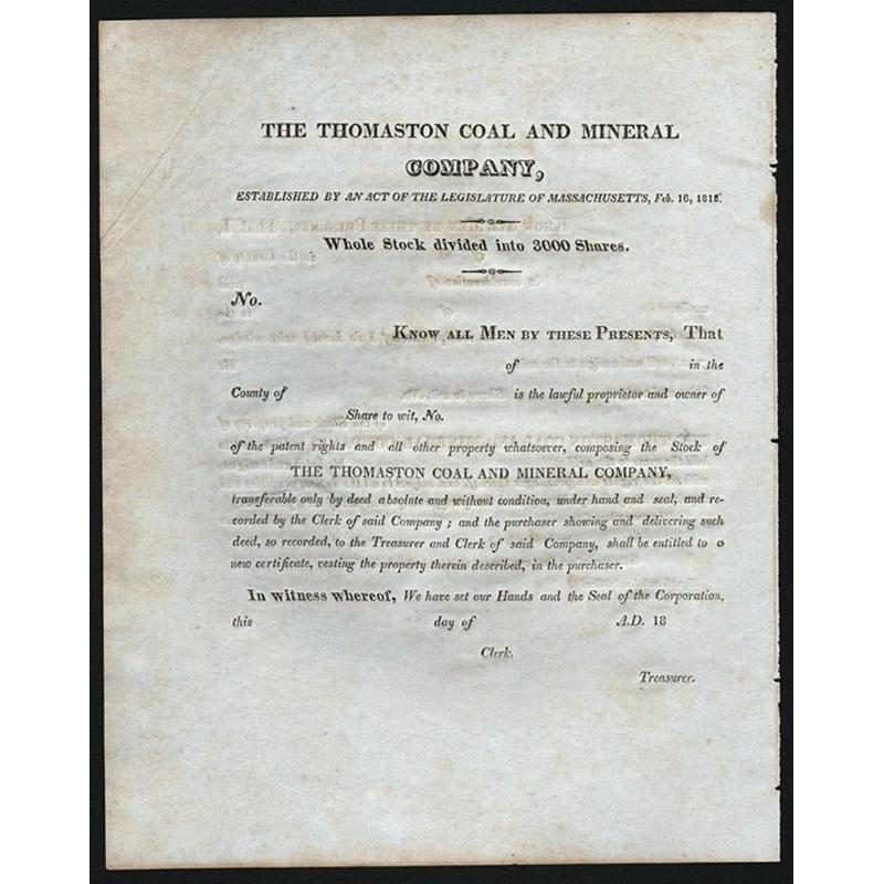 The Thomaston Coal and Mineral Company Stock Certificate