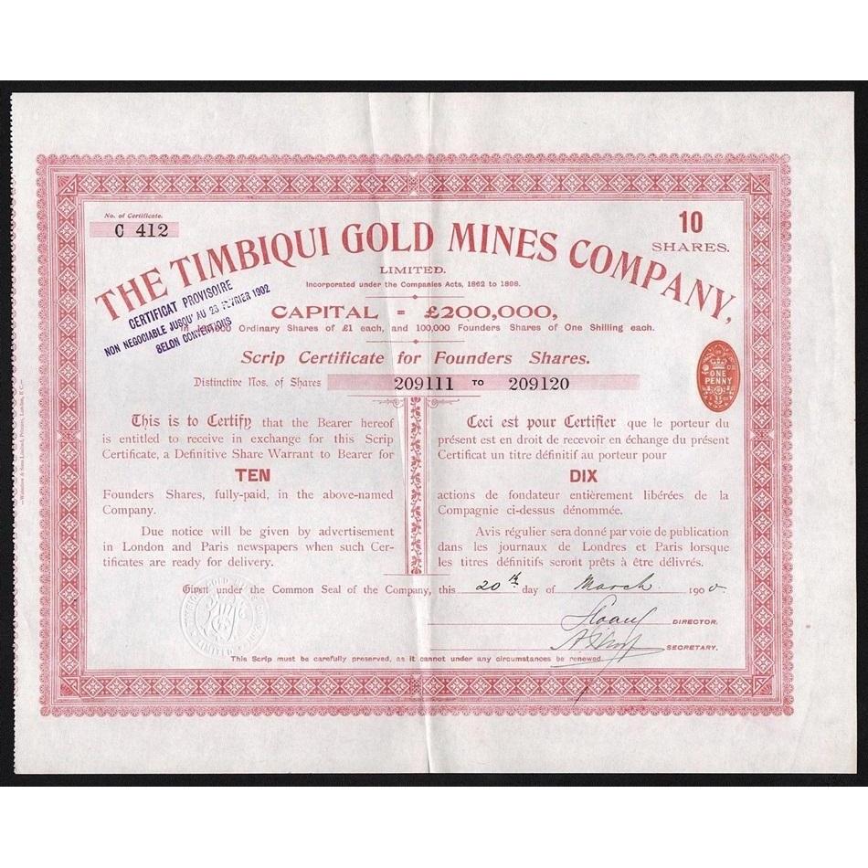 The Timbiqui Gold Mines Company, Limited Stock Certificate