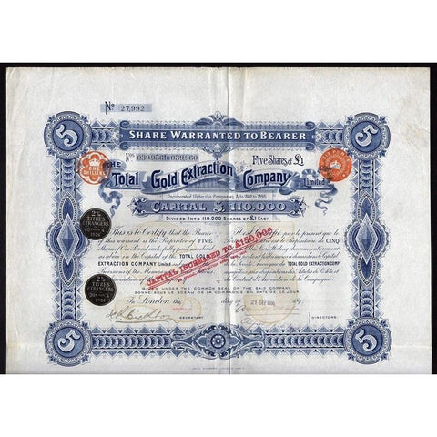 The Total Gold Extraction Company, Limited Stock Certificate