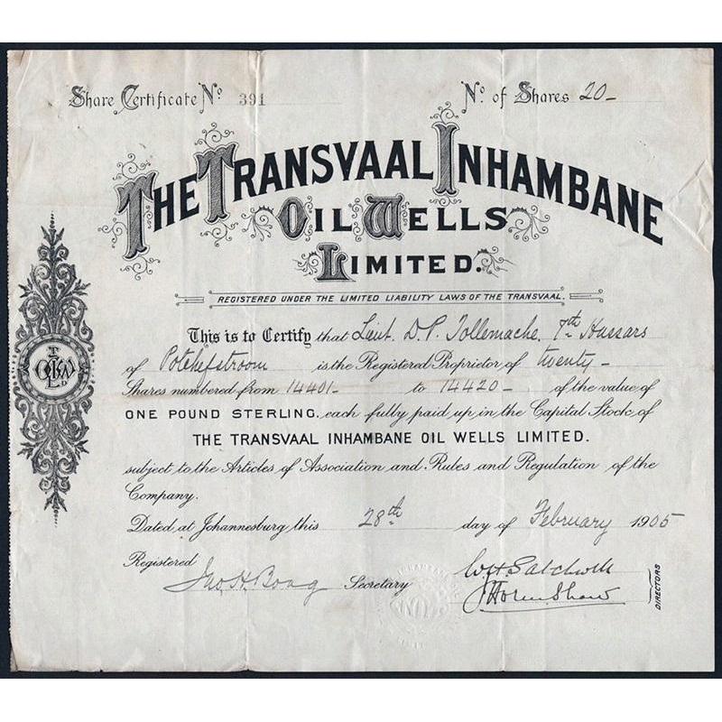The Transvaal Inhambane Oil Wells Limited Stock Certificate