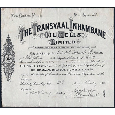 The Transvaal Inhambane Oil Wells Limited Stock Certificate